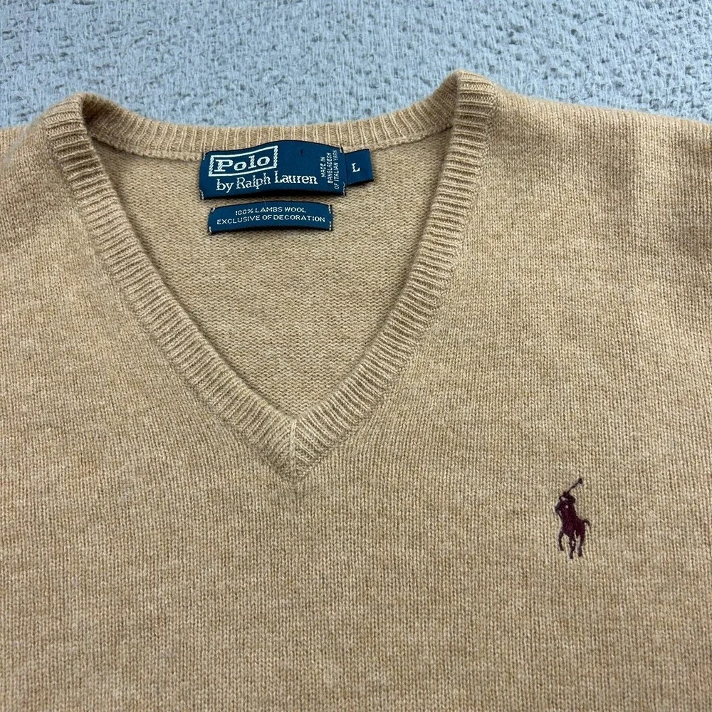 Polo Ralph Lauren Sweater Mens Large Brown 100% Lambswool V Neck Preppy